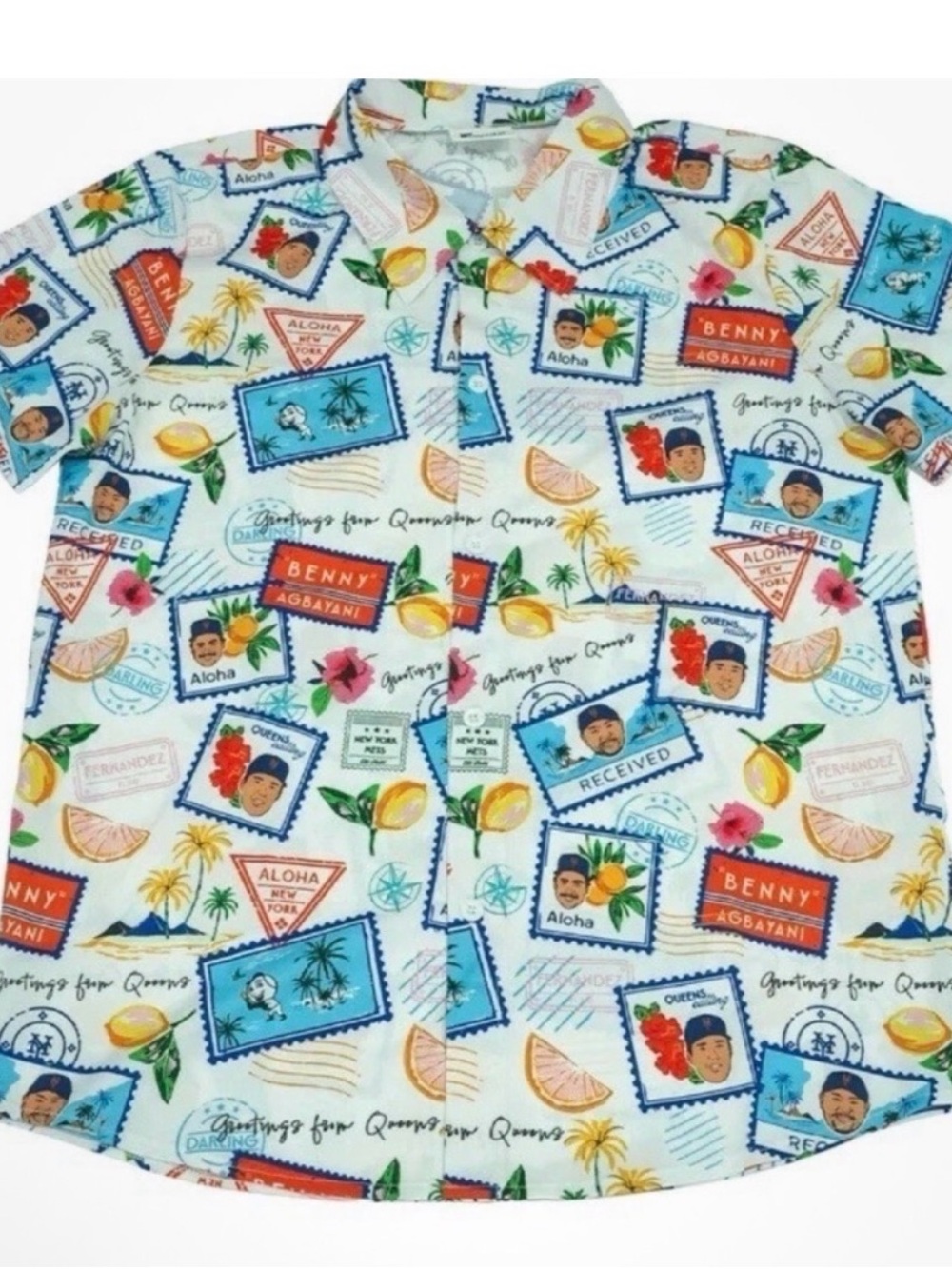 MLB NY METS Mens Hawaiian Print Button-Up Shirt - White Multi
